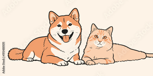 A dog and a cat rest side by side on a flat surface. The dog looks happy while the cat appears relaxed and calm.
