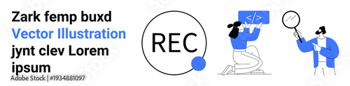 Software development, digital tools, data analysis, technology, recording functionalities, online learning. Features coding activity, analysis with a magnifying glass and recording design. Software
