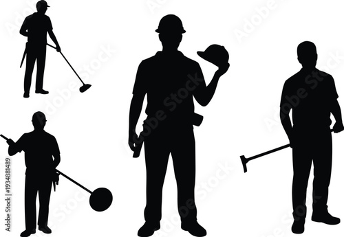 Construction worker silhouettes set, handyman with tools and hard hat, industrial laborer black isolated vector illustration collection for repair and maintenance concept