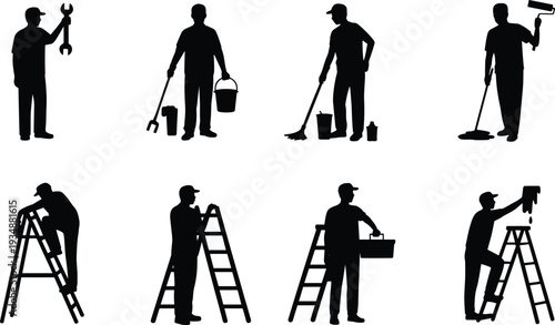 Handyman and painter silhouette collection, construction workers with ladder, tools, bucket and roller, black isolated vector illustration set for maintenance service