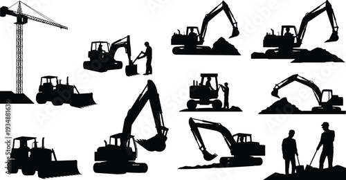 Heavy construction machinery silhouette collection, excavator bulldozer tower crane and workers, earthmoving equipment operation scenes, industrial vector illustration isolated on white background