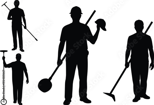 Industrial construction worker silhouettes set, handyman with tools and hard hat, black isolated vector illustration collection for repair and maintenance service concept
