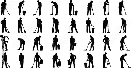Janitor and cleaner worker silhouettes set, people sweeping mopping and cleaning with broom bucket and tools, housekeeping service vector illustration collection