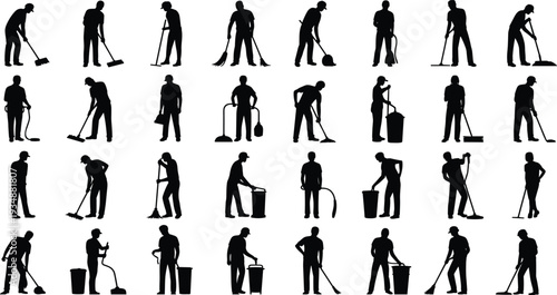 Professional cleaning staff silhouettes collection, janitors sweeping mopping vacuuming with broom bucket and equipment, housekeeping and sanitation service vector illustration set