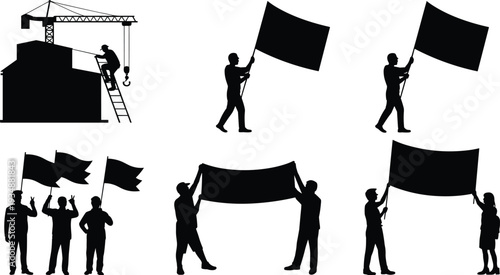 Protest and construction silhouettes with crane, workers holding flags and banners, demonstration scene isolated black vector illustration set