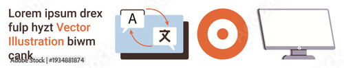 Language translation, communication tools, user interface design, visual targets, global connectivity, technology icons. A translation symbol, target circle and computer screen. Language translation