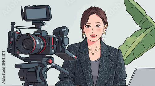 A woman sits at a desk with a camera pointing at her. She is speaking in a modern office with plants around.