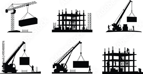 Tower crane and construction site silhouettes set, workers building concrete framework with heavy lifting machinery, industrial development vector illustration collection