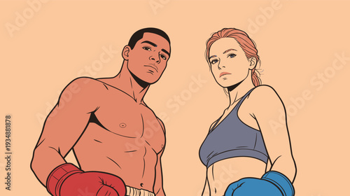 Two boxers face each other. One wears red gloves and the other wears blue. The setting has a plain background with no distractions.