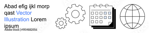 Business planning, globalization, project management, productivity, international collaboration, organization. Line art icons of a gear, calendar and globe. Business planning and globalization