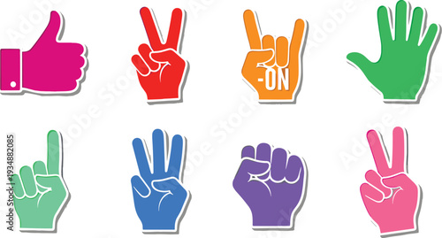 Vibrant Hand Gesture Sticker Icon Set Featuring Eight Colorful Signals Including Thumbs Up Peace Rock On and Finger Counts