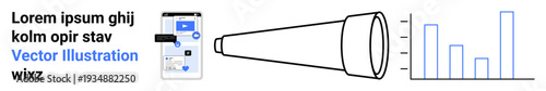 Data analysis, business intelligence, digital technology, research tools, performance review, information tracking. Smartphone screen, magnifying tool graph bars. Data analysis and business