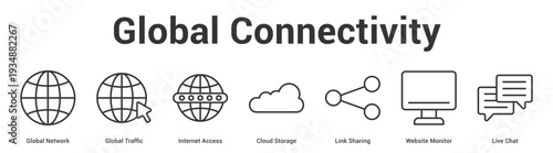 Global Connectivity web banner icon set vector illustration concept for business with icon of Global Network, Global Traffic, Internet Access, Cloud Storage, Link Sharing, Website Monit.