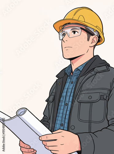 A construction worker stands and looks at building plans while wearing a safety helmet and glasses in a work area.