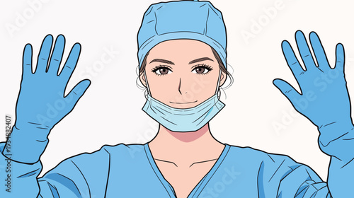 A healthcare worker dressed in scrubs and a mask greets others with hands raised. It shows support and readiness to help in a hospital.