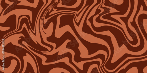Retro coffee color background. Milk chocolate liquid dessert texture. Wavy swirl candy pattern for poster, cover, banner, pamphlet. Vintage brown trippy hippie wallpaper in 60s or 70s style. Vector