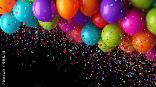 Colorful balloons and confetti on a black background