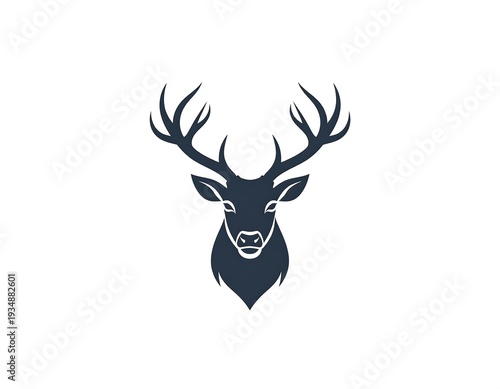 Silhouetted deer head with large antlers, centered on a white background. Simple and elegant design