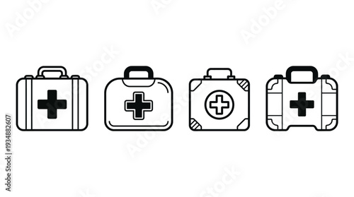 First aid kit medical icons vector set with cross, emergency, healthcare, hospital, rescue, safety, wellness, treatment, pharmacy, patient care, doctor, medicine, vector design