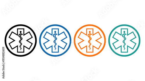 Star of Life emergency medical symbols vector set with Rod of Asclepius, EMS, healthcare, rescue, ambulance, healing, medicine, emergency services, circular badge, vector design