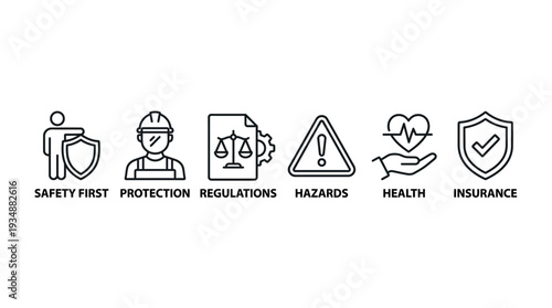 Workplace safety health icons vector set with shield, protection, regulations, hazards, insurance, wellness, heartbeat, construction, document, warning, care, compliance, occupational safety, preventi