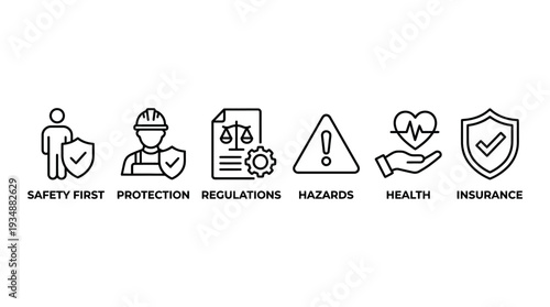 Workplace safety health icons vector set with shield, protection, regulations, hazards, insurance, wellness, heartbeat, construction, document, warning, care, compliance, occupational safety, preventi