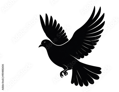Silhouetted, elegant dove in flight, wings outstretched, black on white background
