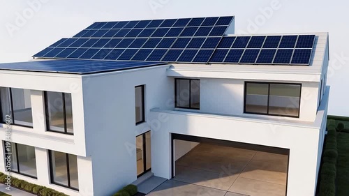 Modern minimalist white house with solar panels, sleek garage, and landscaped garden – sustainable luxury residential architecture