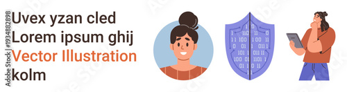 Online privacy, cybersecurity, identity protection, telecommunication, data encryption, technology. Female character, shield with binary code person with tablet. Online privacy and cybersecurity