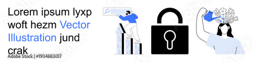 Data protection, business growth, cybersecurity, creativity, innovation, problem-solving. A lock, a growing graph with a figure and a person with water nurturing ideas. Data protection and business