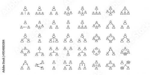 Organizational structure diagrams and hierarchy chart icons, depicting team leader and employee relationships and reporting lines for business management and planning