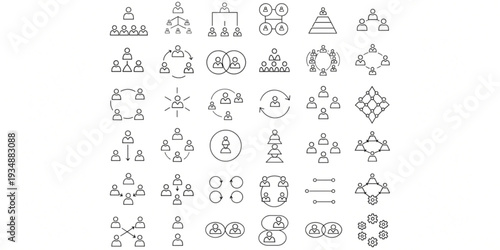 A comprehensive collection of outline icons representing various organizational structures, networking diagrams, team hierarchy, and interconnected user groups for business and social applications