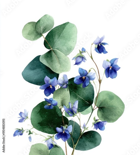 Watercolor illustration of eucalyptus leaves and delicate blue violet flowers