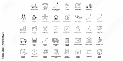 Set of icons representing various aspects of delivery and logistics services, including packages, vehicles, and tracking