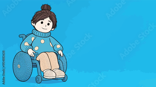 A young girl sits in a wheelchair wearing a blue sweater with polka dots. She has a friendly smile and is in front of a bright blue background.