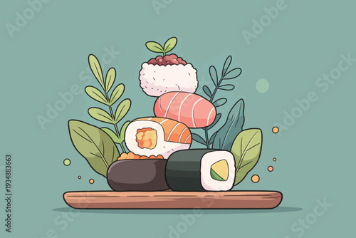 Sushi pieces are arranged on a wooden board with green leaves surrounding them in a plain background.