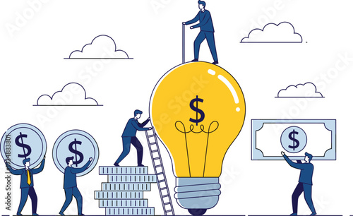Business Innovation and Financial Growth Illustration Featuring Professionals Scaling Idea Development with Dollar Lightbulb and Currency Symbols