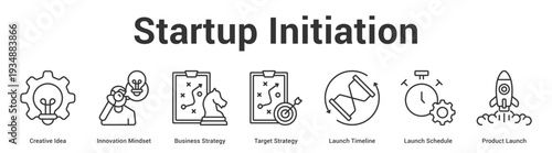 Startup Initiation web banner icon set vector illustration concept for business with icon of Creative Idea, Innovation Mindset, Business Strategy, Target Strategy, Launch Timeline, Launch Schedu.