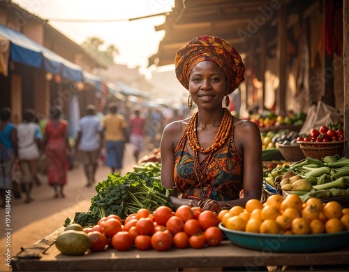 Smiling woman with headwrap in a bustling market. Abundance of fresh produce on display