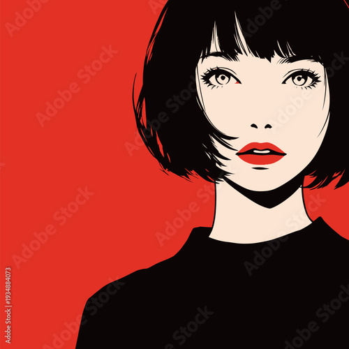 A woman with short dark hair and a neutral expression poses against a red background. Her lips are colored and she wears a simple top.