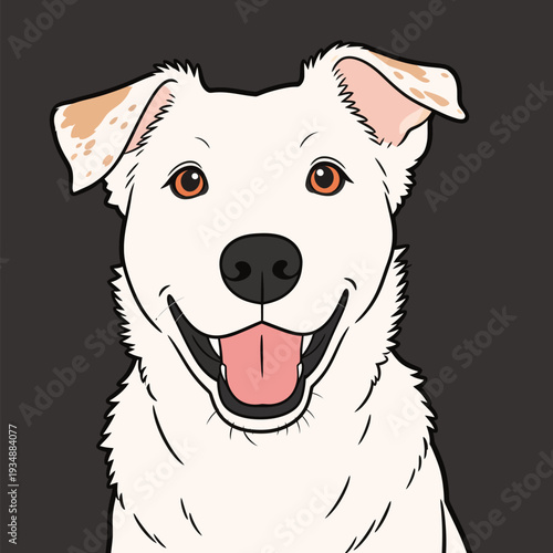 A dog sits with a joyful expression. Its ears are perked up, and it shows bright brown eyes. The background is dark.