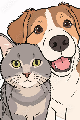 A happy dog and a cat sit close together, both looking at the viewer with cheerful expressions. The setting is bright and colorful.