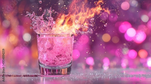 Pink cocktail with splash and fire
