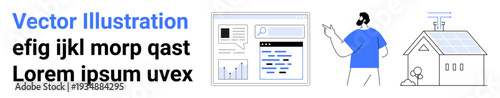 Technology, information systems, remote work, sustainable energy, data visualization, smart home. Dashboard with graphs, person explaining solar-powered house. Technology and sustainable energy