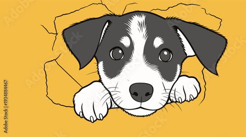 A puppy peeks through a hole in a wall with a bright yellow background, showing curiosity and playfulness in the scene.