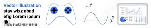 Gaming controller beside mathematical graph and data-driven dashboard with graphs and charts. Ideal for gaming, analytics, tech, data visualization, education, business strategy, simple landing page