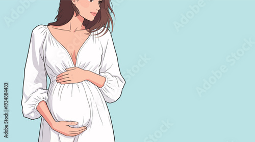 A woman stands with her hands on her baby bump. She is smiling and wearing a white dress in a light background during the day.