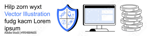 Cybersecurity, data protection, online finance, technology management, digital security, information systems. Shield icon, monitor display coin stack. Cybersecurity and data protection theme
