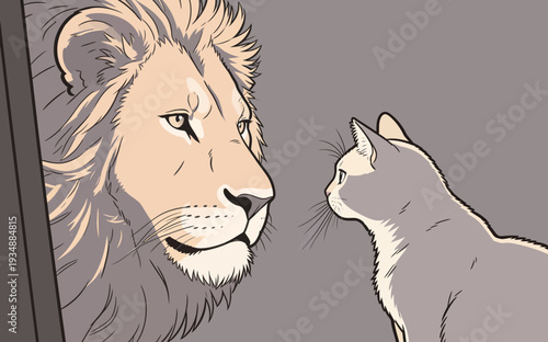 A lion and a domestic cat are facing each other. The lion is big and strong while the cat is small and curious. They share a moment.