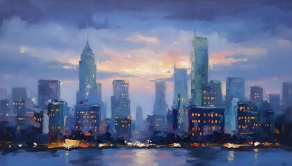 Cityscape at dusk with skyscrapers and waterfront at twilight from a distant viewpoint